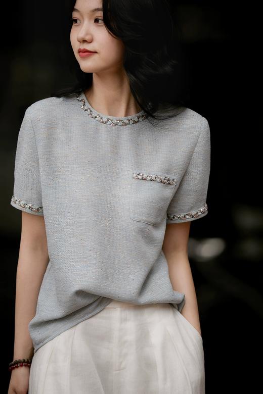 小香云粉金羽纱古法经纬绞纱纯手工珠片短袖上衣 商品图2