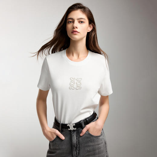 【莱赛尔棉正肩T恤】逸阳珍珠烫钻修身显瘦圆领抑菌上衣5112 商品图4