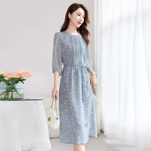 QS-82501155【乔其印花】真丝连衣裙高级感蚕丝连衣裙夏季100%减龄A字裙1155 商品图2