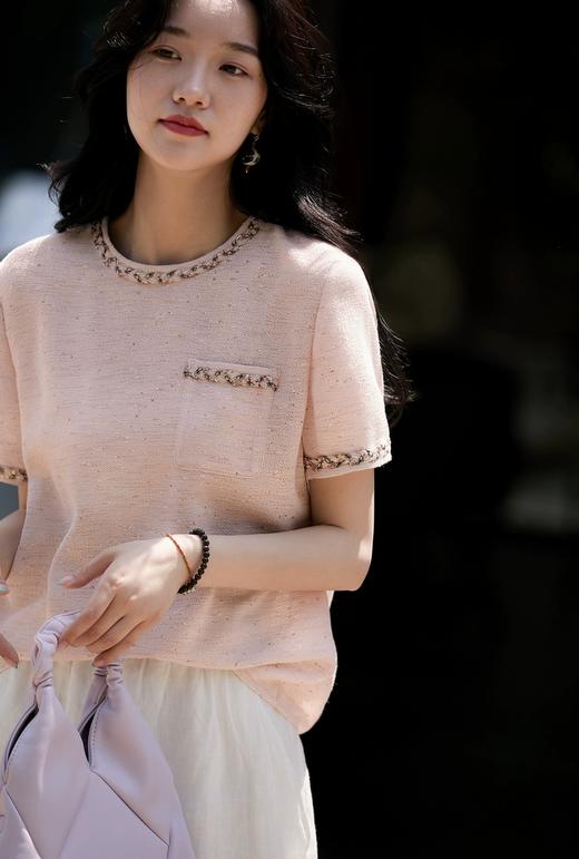 小香云粉金羽纱古法经纬绞纱纯手工珠片短袖上衣 商品图5