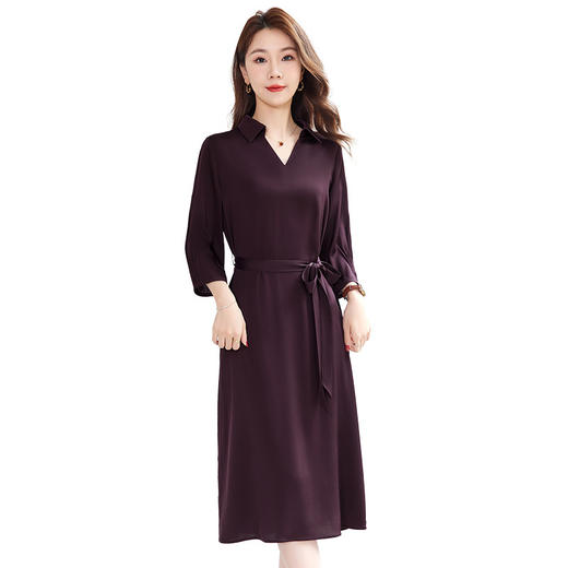 QS-82501119桑蚕丝弹力双乔小V翻领素雅真丝连衣裙那夏季收腰气质中长裙1119 商品图4