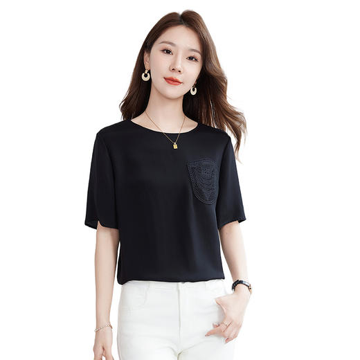 QS-12599510【弹力重绉】设计感小众桑蚕丝上衣夏季宽松纯色打底衫女9510 商品图4