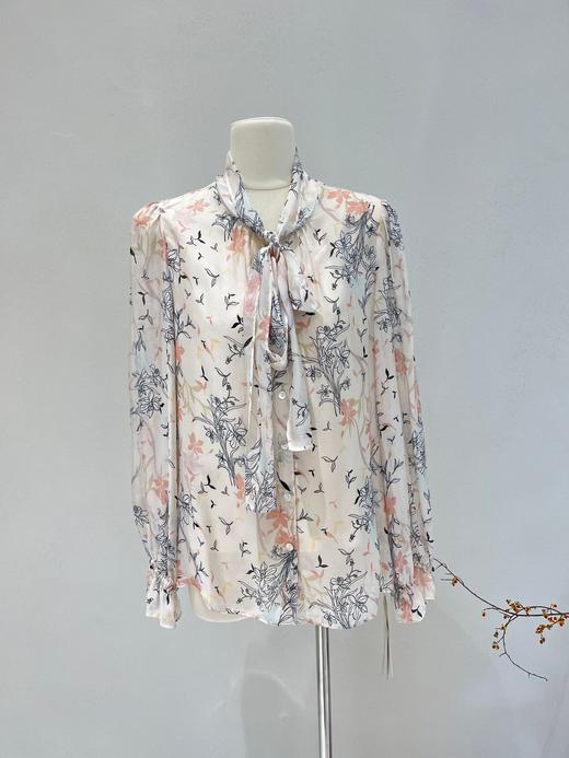 丁摩 防晒真丝衬衫女2025春夏新款长袖印花微透法式飘带桑蚕丝衬衣 商品图5