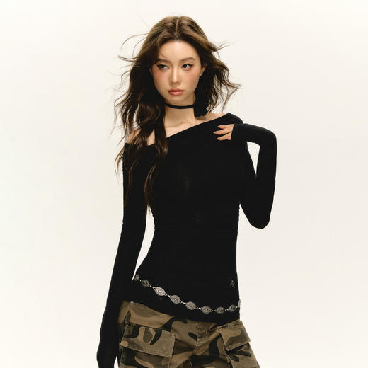 Ariseism 美式复古斜肩抽褶长袖t恤女春秋新款修身打底上衣 商品图1