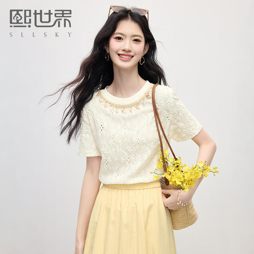 【周四狂欢价】熙世界甜美风减龄重工镂空刺绣钉珠圆领T恤上衣女短袖2025夏新款 商品图0