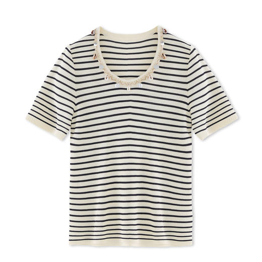 「高货wl」全新升级【铂金会员201/天猫269/差价68】(01944)洛诗琳波西米亚贝壳吊坠立体波浪织花超细针织短袖上衣女 商品图3