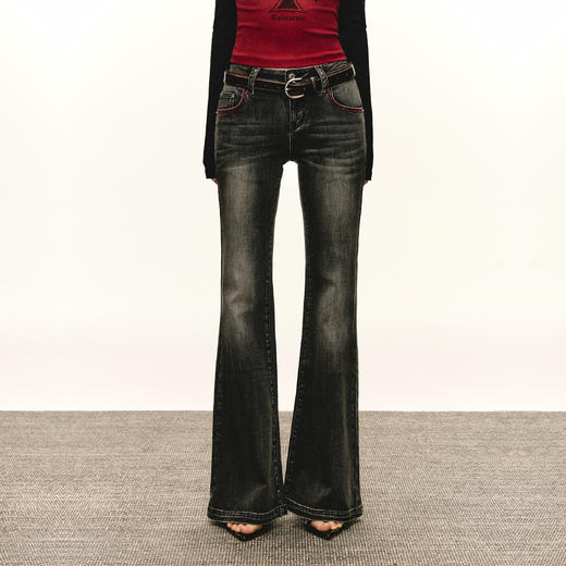 Ariseism  美式复古低腰做旧微喇叭牛仔裤女春秋新款修身长裤子 商品图2