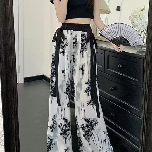 严选水墨画冰丝雪纺阔腿裤女夏季垂感长裤大码宽松飘带休闲直筒裤 商品图2