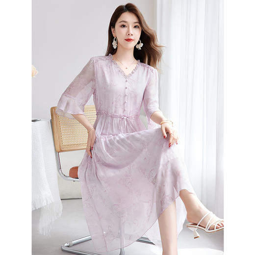 QS-82501131【清新清凉】大码真丝连衣裙女夏季100%桑蚕丝乔其印花仙女裙1131 商品图3