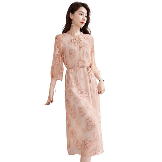 QS-82501569气质国风绣花顺纡真丝连衣裙优雅减龄修身早餐桑蚕丝连衣裙女1569 商品图4
