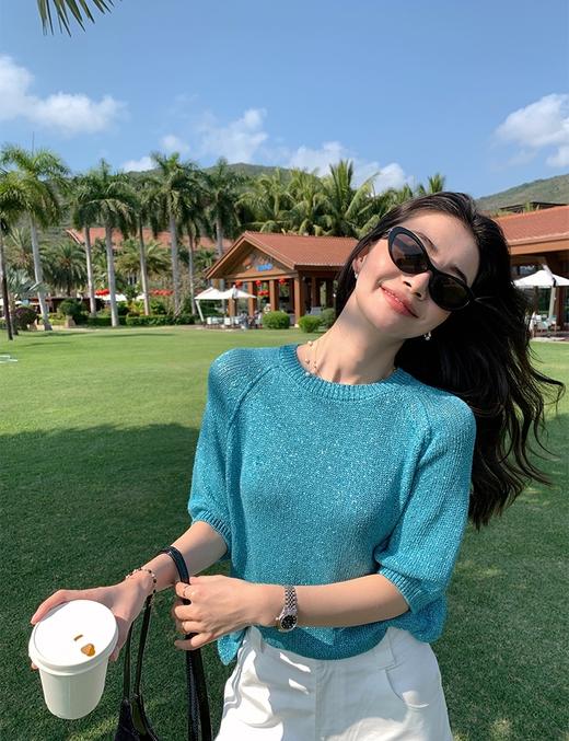 亚麻棉针织碎金流光针织衫五分袖显瘦随身衫 商品图6