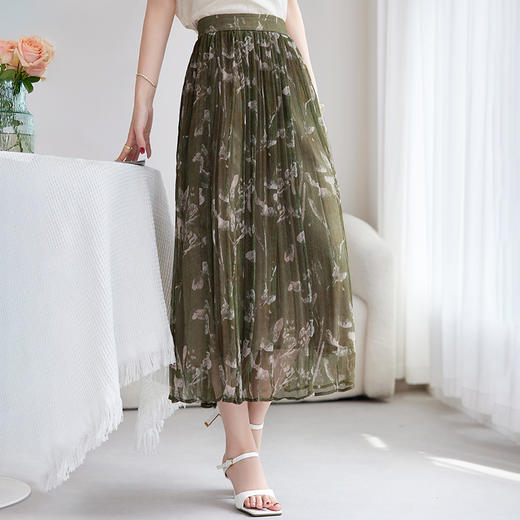 QS-72599002【顺纡印花】国风印花显瘦桑蚕丝中长裙气质通勤真丝半身裙女9002 商品图0