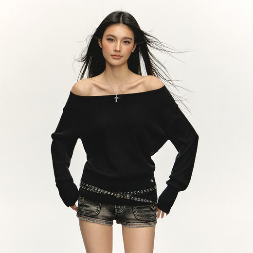 Ariseism 美式复古斜肩套头长袖针织衫女春季新款内搭打底上衣 商品图1