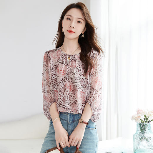 丁摩 【100%桑蚕丝】乔其印花打底小衫半袖圆领气质休闲真丝衬衫女1165 商品图1