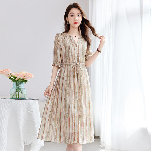 QS-【真丝亚麻混纺】中大淑休闲大码丝麻印花连衣裙女中长A字裙1123 商品图1