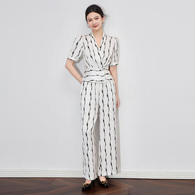 「高货wl」全新升级【铂金会员367/天猫499/差价132】(99312)洛诗琳墨白印花收腰短袖上衣随性老钱风休闲长裤两件套女