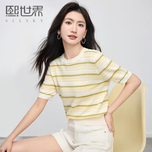 熙世界欧若风条纹针织衫女短袖薄款夏季新品百搭休闲圆领套头上衣 商品图0