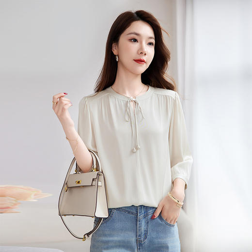 QS-12501617【真丝衬衫】夏季新款七分袖上衣时尚洋气桑蚕丝衬衣别致小衫1617 商品图0