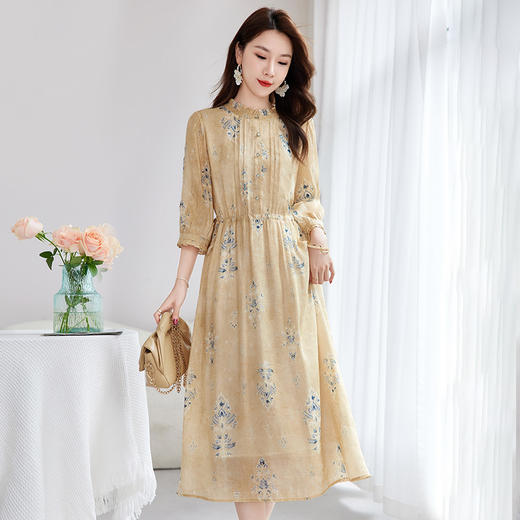 QS-丝麻混纺减龄真丝亚麻印花中长裙优雅新国风桑蚕丝连衣裙女1623 商品图0