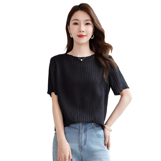 QS-12501551【真丝柔叠绉】原创真丝打底上衣女夏款桑蚕丝薄款短袖T恤女1551 商品图4