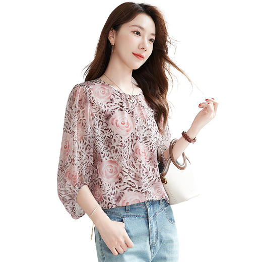 丁摩 【100%桑蚕丝】乔其印花打底小衫半袖圆领气质休闲真丝衬衫女1165 商品图4