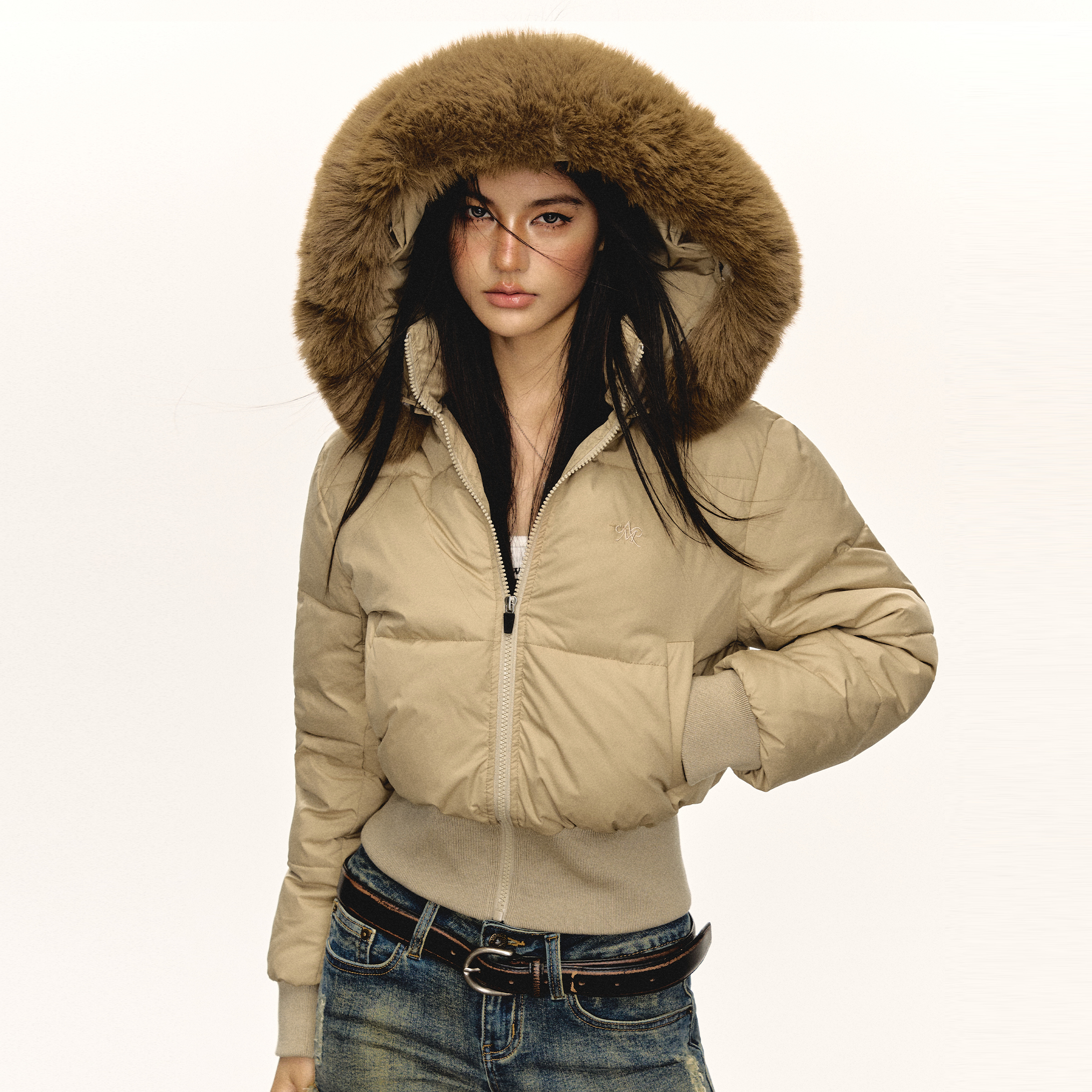 Ariseism 美式复古设计感可脱卸连帽棉服外套女冬季新款修身棉衣