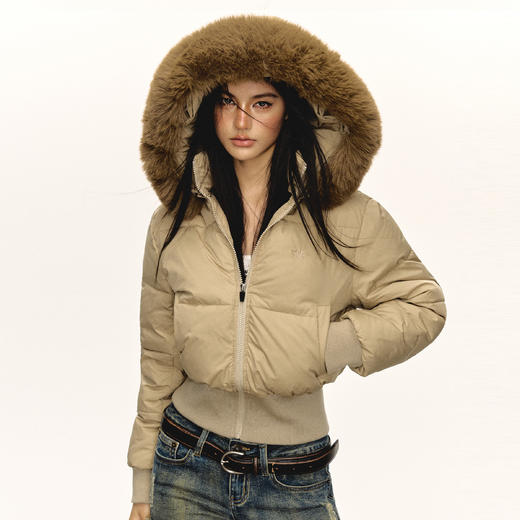 Ariseism 美式复古设计感可脱卸连帽棉服外套女冬季新款修身棉衣 商品图0