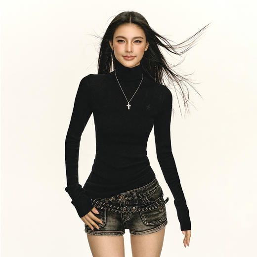 Ariseism 美式复古小高领长袖针织打底衫女春季新款内搭修身上衣 商品图1