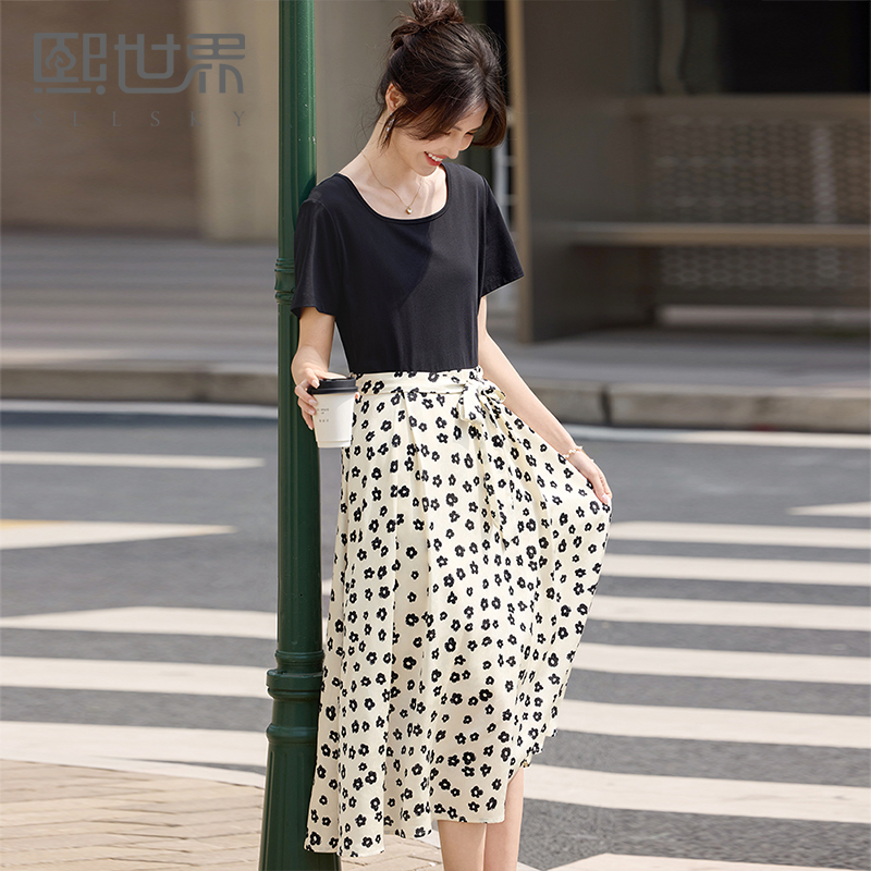 【专属特价】熙世界度假风短袖T恤拼接碎花连衣裙女夏季设计感假两件收腰裙子