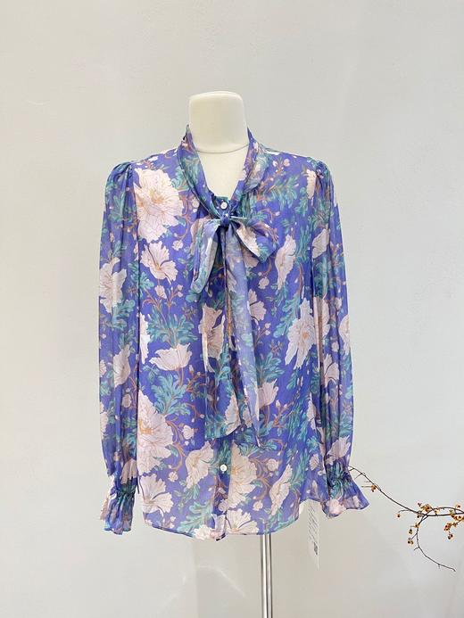 丁摩 防晒真丝衬衫女2025春夏新款长袖印花微透法式飘带桑蚕丝衬衣 商品图6