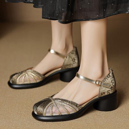 【预售5天】新中式拼接网纱包头凉鞋女新款夏国风中空粗跟凉鞋YCJX&H-8035 商品图3