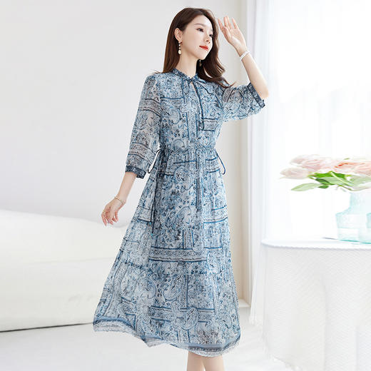 丁摩 【国风印花】2025夏季大码真丝连衣裙女100%桑蚕丝乔其字裙9818 商品图1