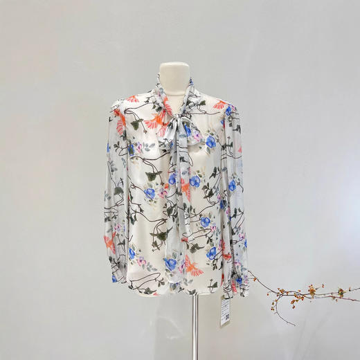 丁摩 防晒真丝衬衫女2025春夏新款长袖印花微透法式飘带桑蚕丝衬衣 商品图2