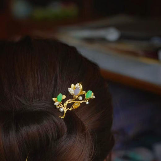 龢盒原创 天然福禄寿三色翡翠玉兰银发簪/茶针 商品图0