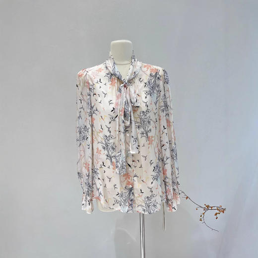 丁摩 防晒真丝衬衫女2025春夏新款长袖印花微透法式飘带桑蚕丝衬衣 商品图1