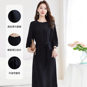 QS-82598786【真丝弹力重皱】文艺素雅气质休闲中长裙夏季桑蚕丝连衣裙女8786