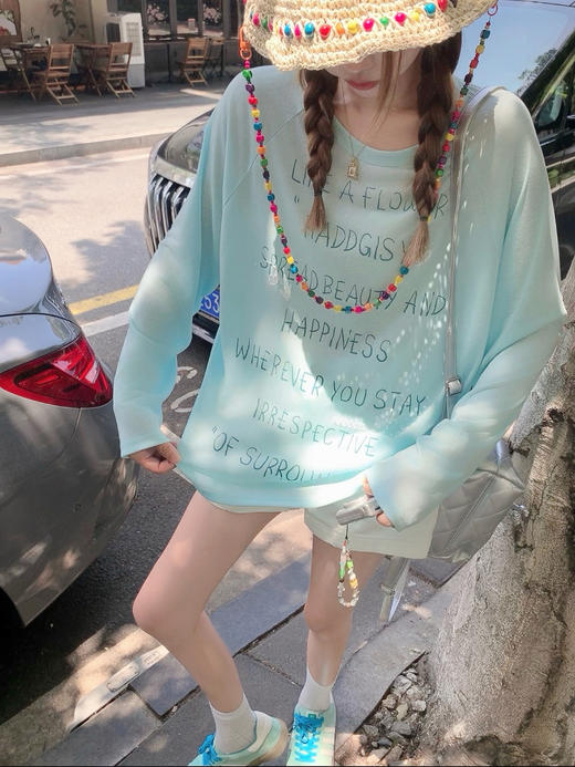 <曾小咸推荐>宽松多巴胺蓝色防晒罩衫长袖T恤【预售3-15天发货】 商品图6