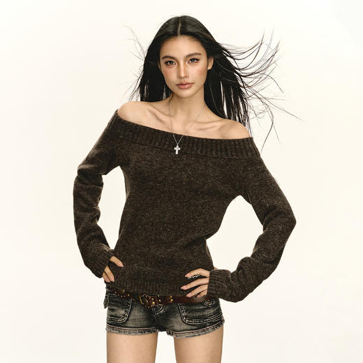 Ariseism美式复古高级感一字肩长袖针织衫女春季新款内搭打底上衣 商品图0