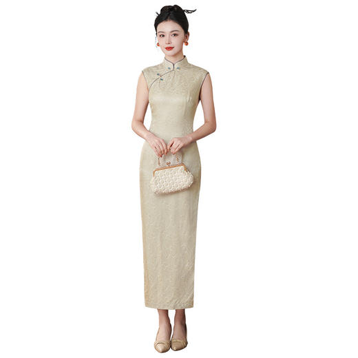 TZRY-8689爆款真丝桑蚕丝提花无袖旗袍高端春夏秋季礼服日常气质优雅旗袍裙 商品图3