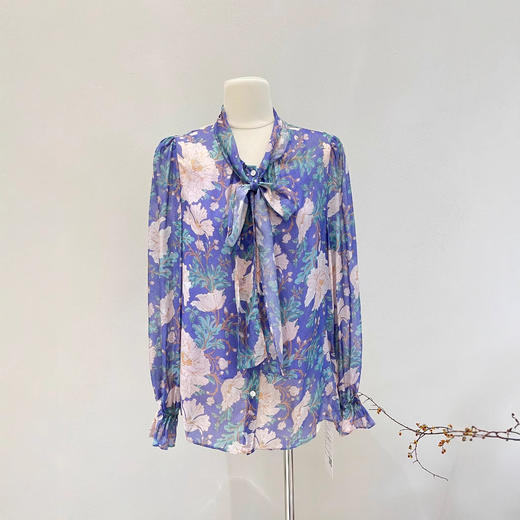 丁摩 防晒真丝衬衫女2025春夏新款长袖印花微透法式飘带桑蚕丝衬衣 商品图4