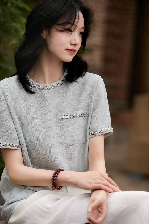 小香云粉金羽纱古法经纬绞纱纯手工珠片短袖上衣 商品图0