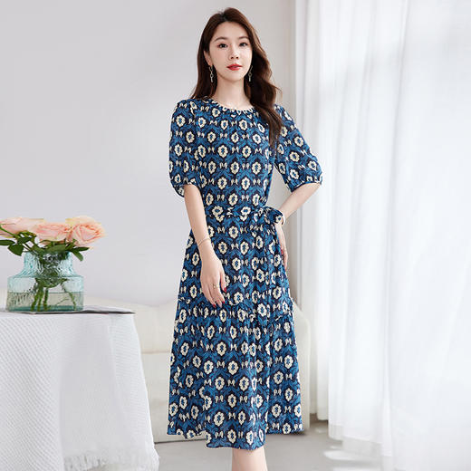 QS-82501101中大淑女装5A桑蚕丝连衣裙夏季圆领100%真丝印花连衣裙女1101 商品图0