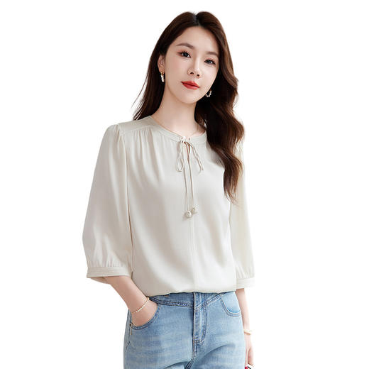 QS-12501617【真丝衬衫】夏季新款七分袖上衣时尚洋气桑蚕丝衬衣别致小衫1617 商品图4