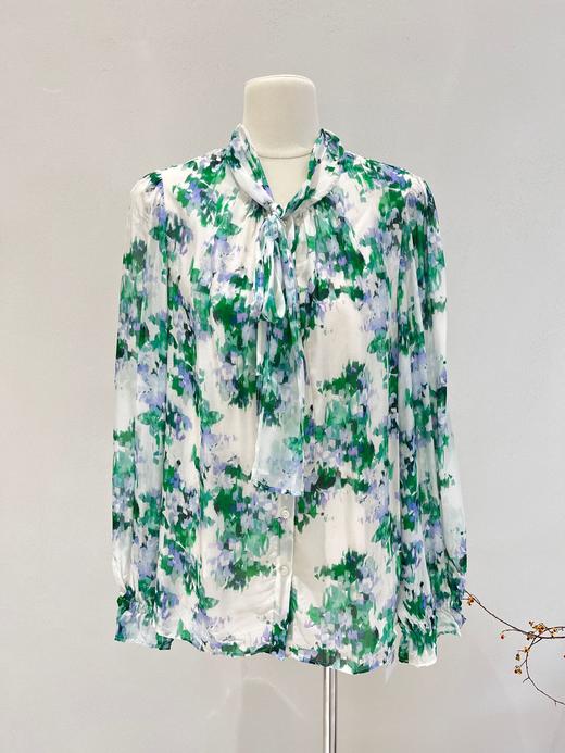 丁摩 防晒真丝衬衫女2025春夏新款长袖印花微透法式飘带桑蚕丝衬衣 商品图9