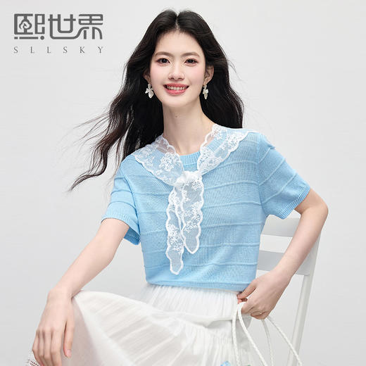 【周末秒杀】熙世界配蕾丝披肩冰丝针织衫女夏季薄款短袖独特别致上衣2025新款 商品图0