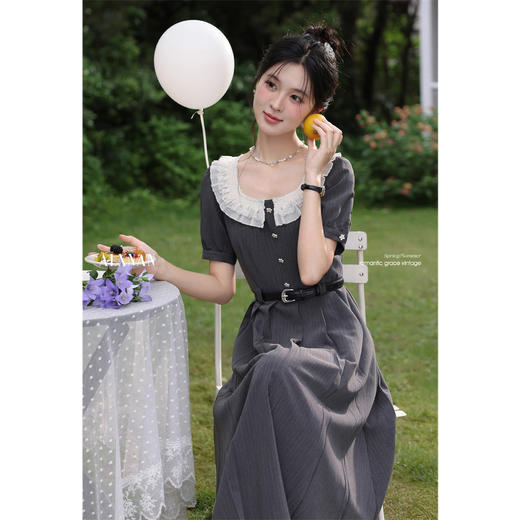 【65折秒杀】鹿向南「月迷灰韵」法式连衣裙女夏季小个子灰色短袖长款百褶裙L560109 商品图4