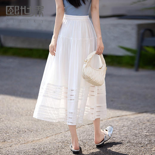 【专属特价】熙世界白月光天丝半身裙女夏季新款法式优雅刺绣镂空白色a字伞裙 商品图0