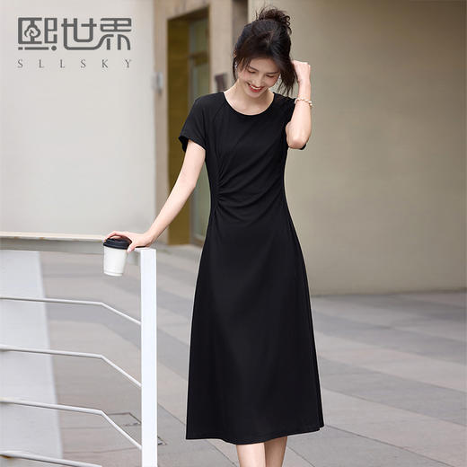【周末秒杀】熙世界赫本风黑色连衣裙女收腰显瘦夏季针织冰丝T恤裙子2025新款 商品图0