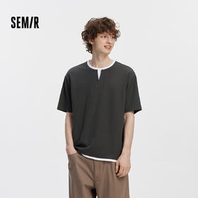 [商场同款]森马短袖T恤男V领假两件上衣华夫格2025新款秋装拼色潮