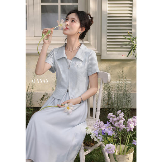 鹿向南「慵懒假日」蓝色假两件短袖连衣裙夏季新款气质时尚长裙女 商品图4